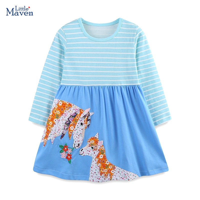 

Little maven Kids Clothes 2024 Autumn Spring Children's Clothing Girls Long Sleeves Cartoon Flowers Casual Unicorn Dress Cotton