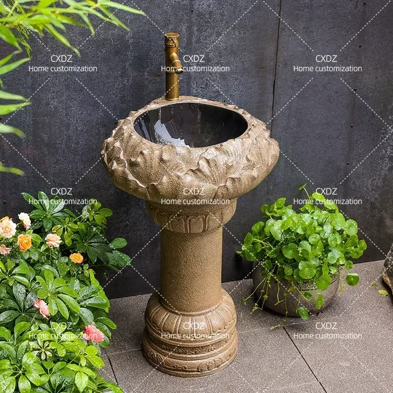 Outdoor Courtyard Washbasin Floor Standing Balcony Garden Sink New Chinese Style Villa Yard Column Basin