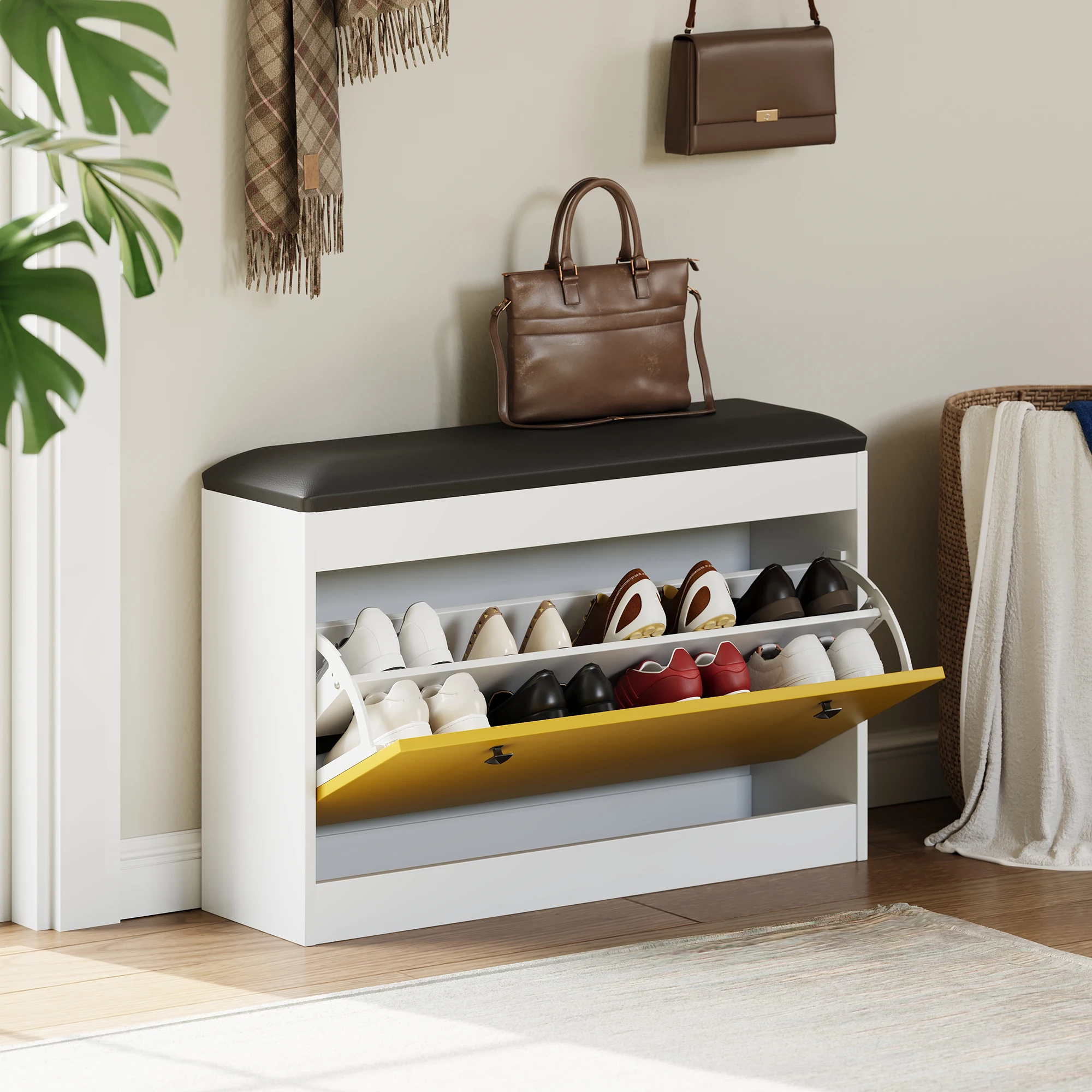 Modern Shoe Storage Bench with Turnover Drawer – 31.5'' White Entryway Shoe Cabinet – PU Cushion Seat – Space-Saving Organizer for Hallway, Bedroom, Living Room – Easy Assembly