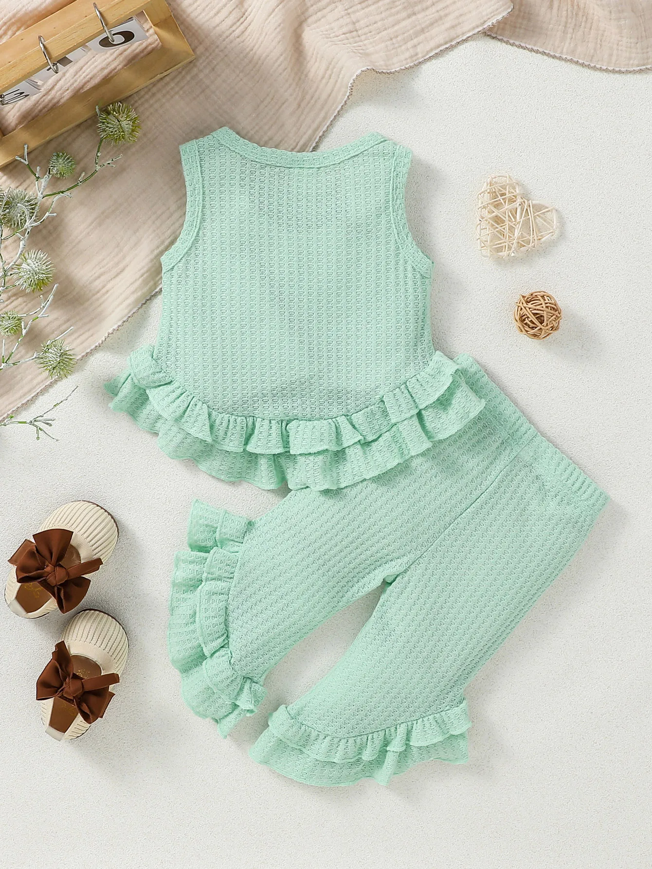 Baby Girls Summer Green Sleeveless Top+Trousers With Ruffled Fashion Vacation Set Clothing