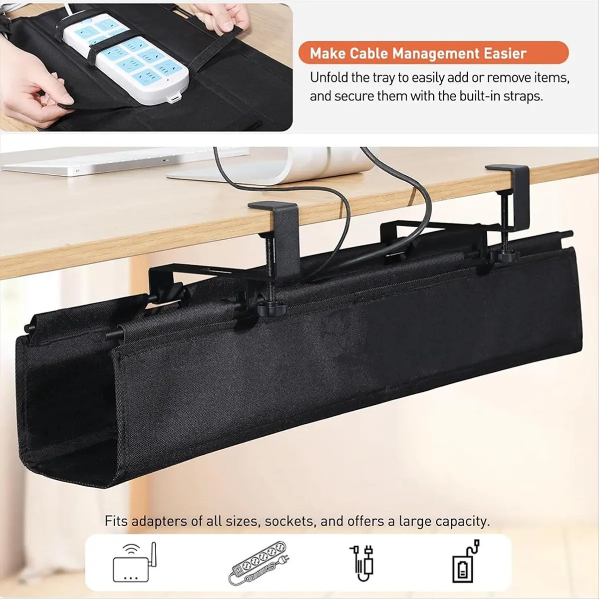 Under Desk Cable Management Tray 27.5in-Clamp on Wire and Cable Organizer for Storage and to Hide Cords for Home Office - view 6