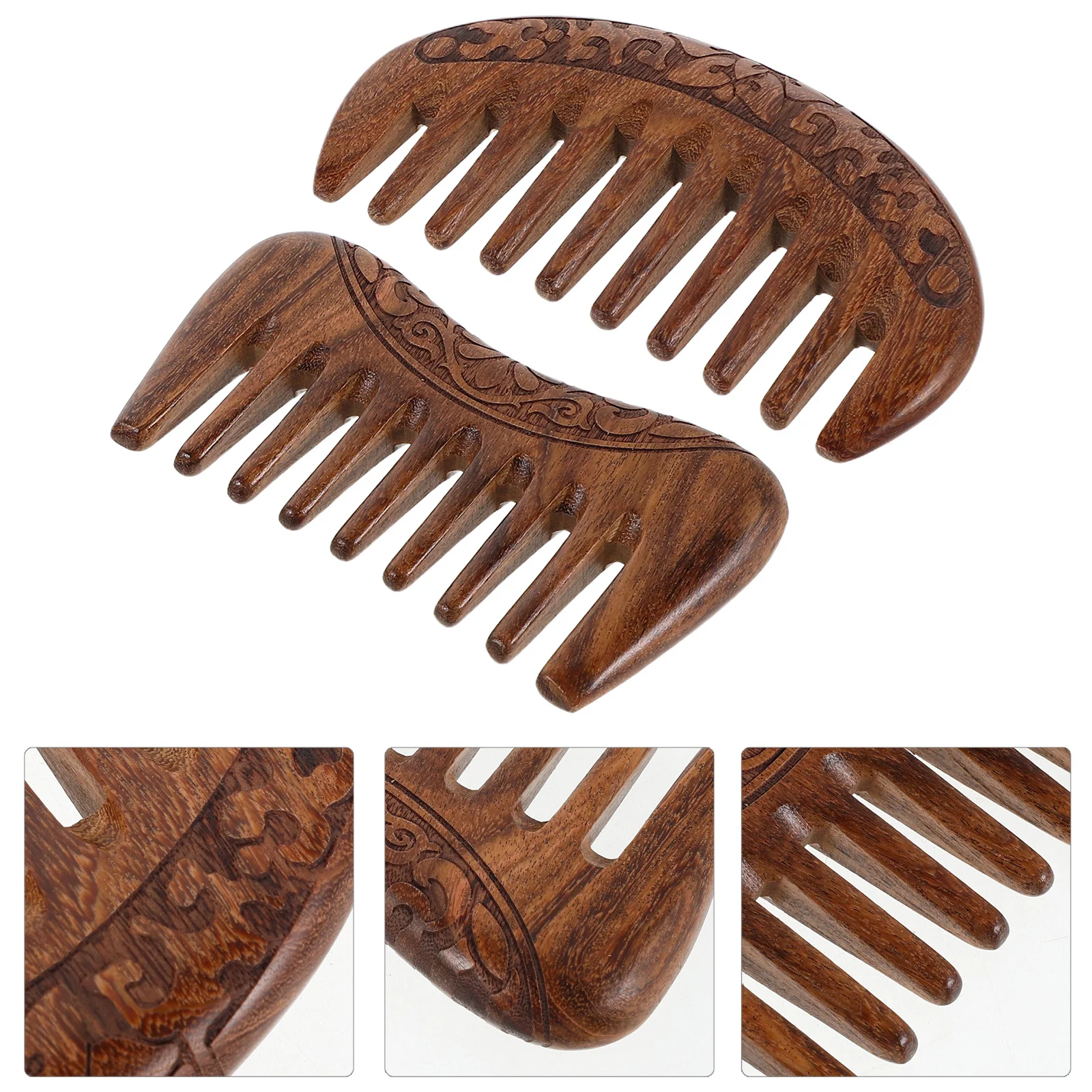 

2Pcs Wide Tooth Wood Comb Hand Carved Artistic Patterns Dual Shape Options Round Square Designs Scalp Care Hair Detangling