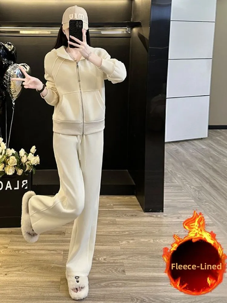 

Thiened Fce Hooded Sweatirt And Wide Leg Pants Two Piece Set Faionable Slimming Casual Sportswear for Women