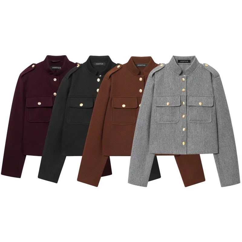 

Autumn Stand Collar Long Sleeve Single Breasted Soft Short Jacket Coats Women O-Neck Pockets Decoration Tops Female Casual Wear