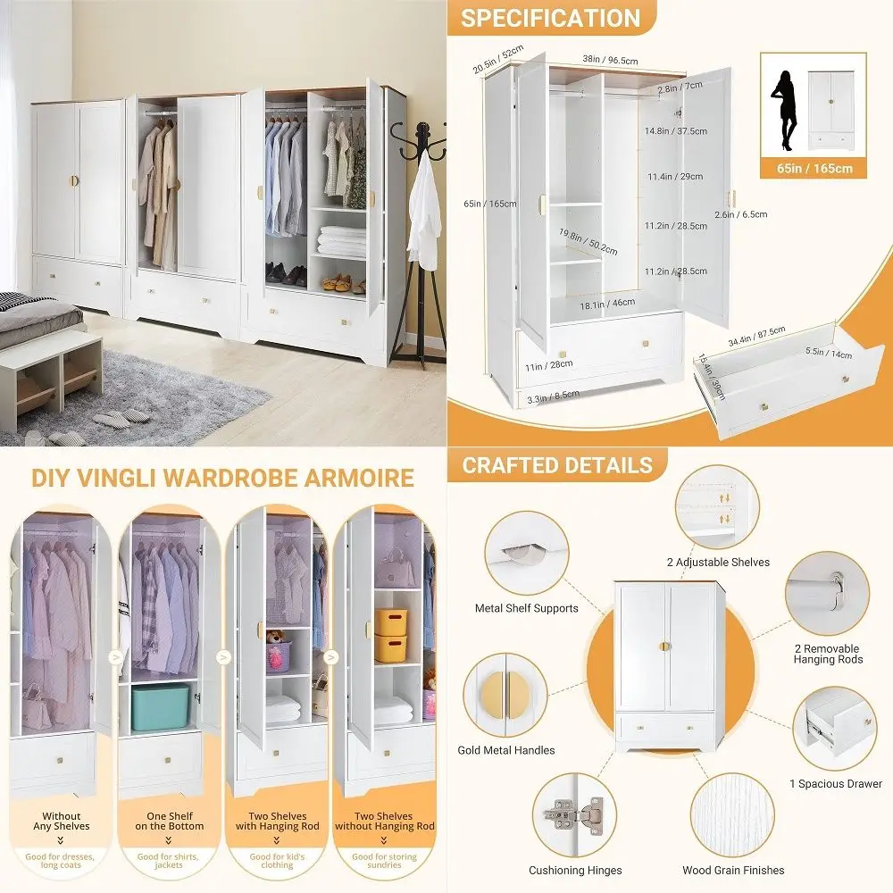 

38 Wide Wardrobe Closet, White Armoire Wardrobe with Hanging Rod, Shelves and Drawer, Freestanding Closet Armoire Cabinet,Armoi