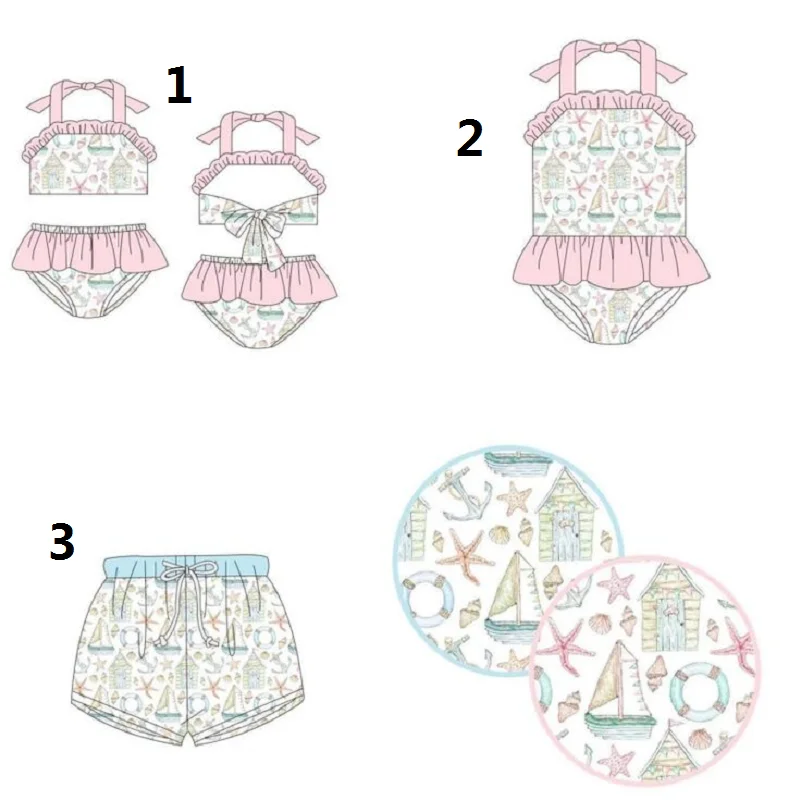 Summer Hot Sale Shell Print Girl Pink Ruffle Halter Neck Swimsuit Suit Boy Blue Exquisite Swimming Trunks Milk Silk Material