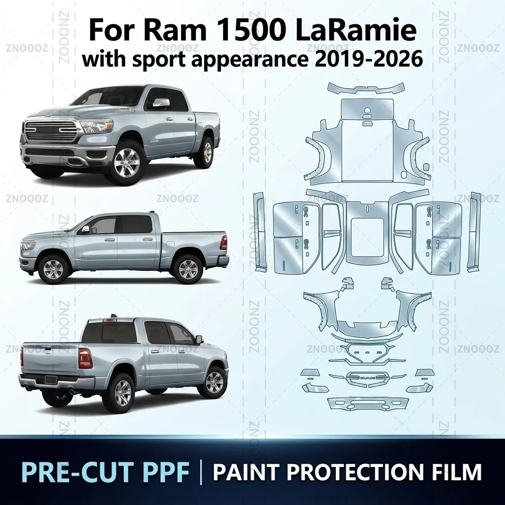 Für 2019-2026 Ram 1500 LaRamie Sport 8,5 Mil Vorgeschnittene PPF Lackschutzfolie TPU Selbstklebende Vollfahrzeug-Schutzfolie Glänzend Transparent Matt Schwarz