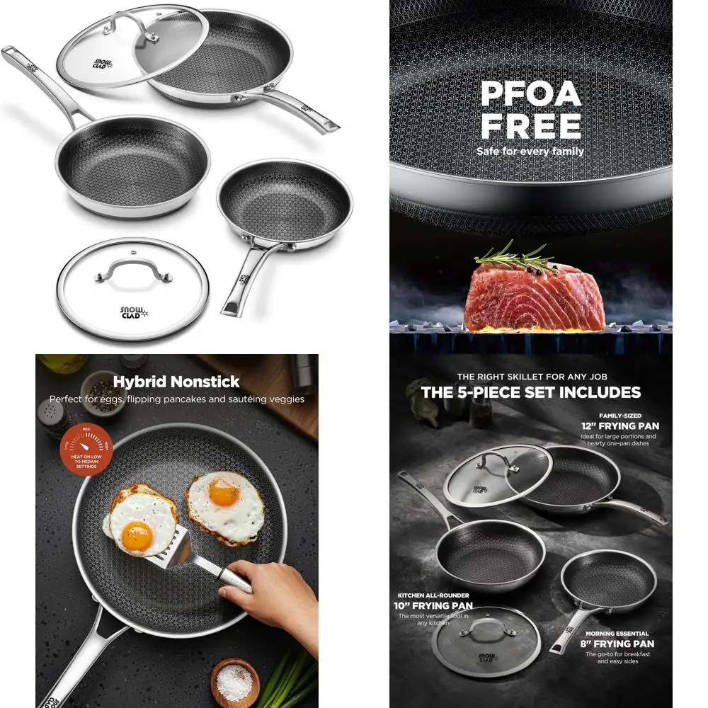 

Tri-Ply Nonstick Skillet Set, 8-10-12 Inch with 2 Lids, Stainless Steel, Oven & Dishwasher Safe, Induction Ready Cookware