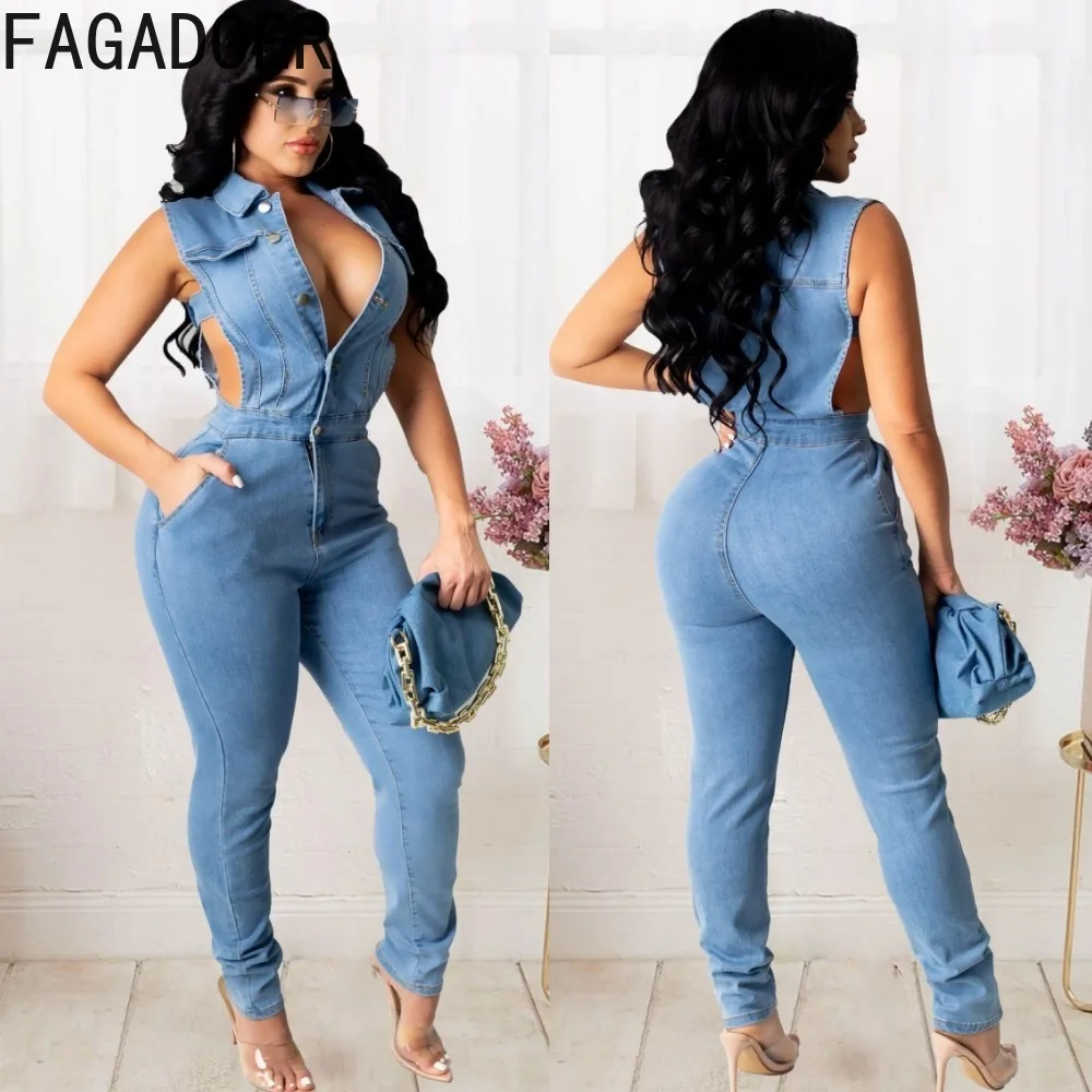 FAGADOER Fashion Denim Jumpsuits Women Turndown Collar Deep V Hollow Out Playsuits Female Button Skinny Pants One Piece Overalls