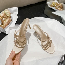 New Summer Women's High-heeled Sandals Round-toed Rhinestone Bow Sandals Slip-on High-heeled Shoes Banquet Slippers