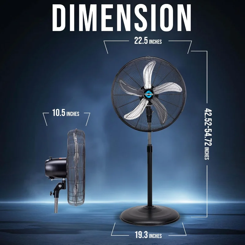 مروحة تورنادو بقاعدة متأرجحة مقاس 20 بوصة - 5000 CFM، مروحة حامل، 3 سرعات، 1/6 حصان، 6.6 قدم، الاستخدام الصناعي والتجاري، مدرج في قائمة UL
