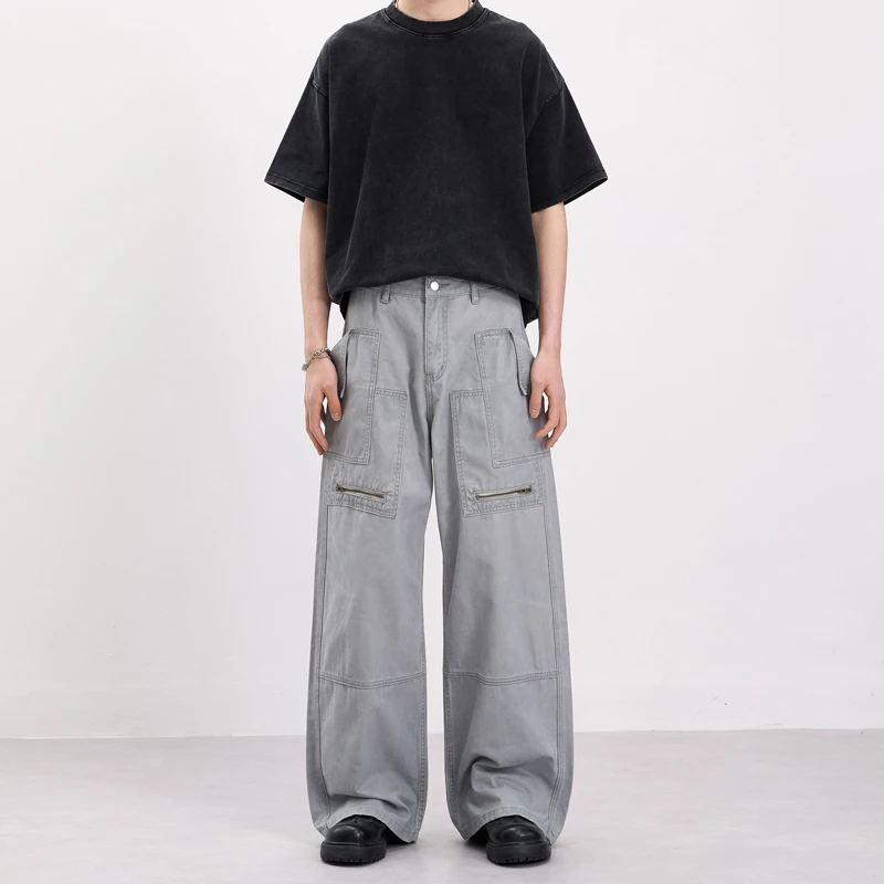 

Gray Deconstructed Design With Patch Pockets Zipper Men's Trousers Casual Trendy Unisex Wide Leg Straight Long Pants