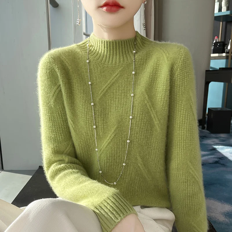 Autumn and winter new 100% pure wool women's semi-turtle neck thickened fashion Joker solid color knitted cashmere sweater.