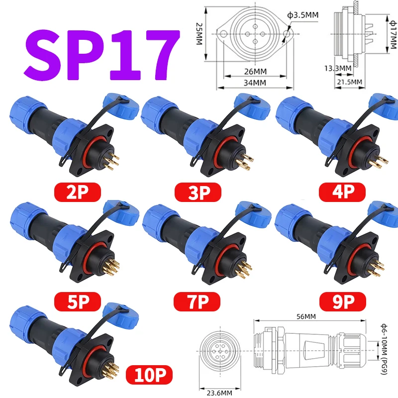 IP68 Aviation Connector SP17 SP13 SP16 SP20 SP21 Male Plug & Female Socket 2 Hole Flange Panel Mount 2 3 4 5 6 7 9 10 12Pin