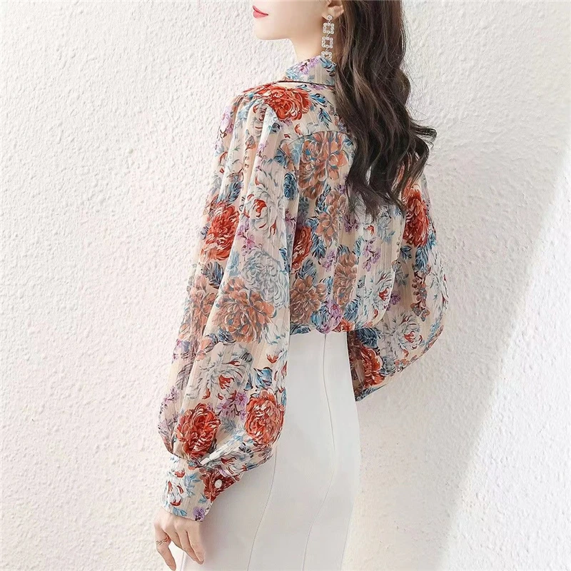 Women Floral Print Vintage Chic Button Up Shirt Korean Fashion Streetwear Loose Blouse Casual Lantern Long Sleeve All Match Tops