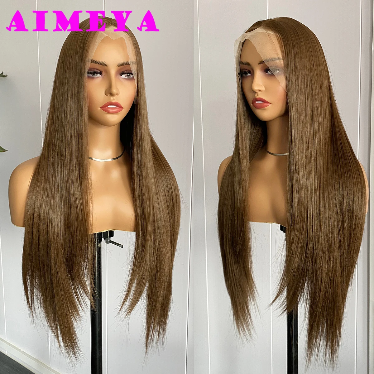 AIMEYA Lange gerade braune Perücke 13x4 Lace Front Perücke seidig glatt Kunsthaar leimlos täglicher Gebrauch Cosplay Damen Perücke natürlich