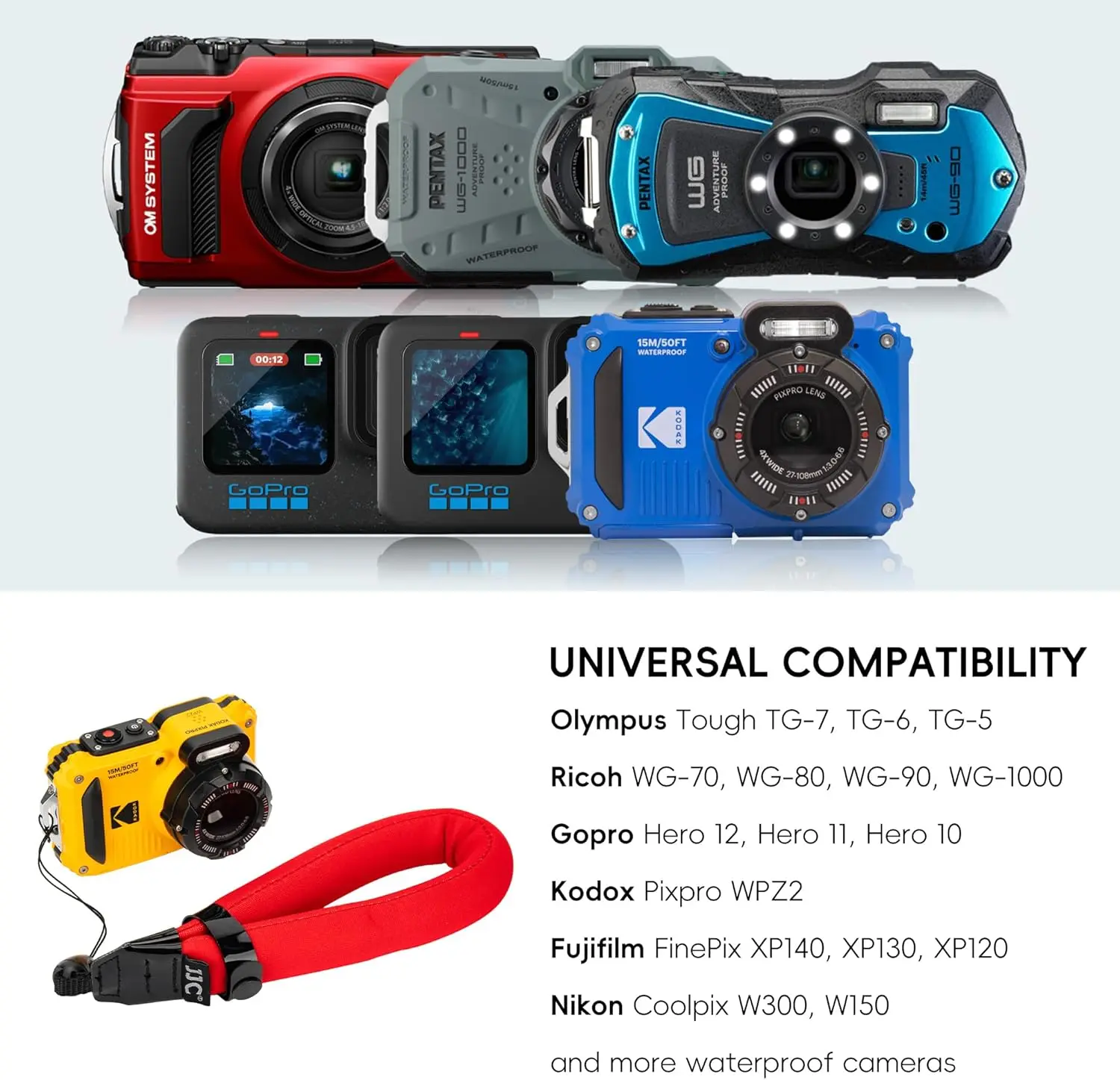 JJC Floating Strap Waterproof Camera Float Underwater Wrist Strap for Gopro Hero 10 9 8 7 6 Olympus TG-7 TG-6 TG6 TG5 TG-4