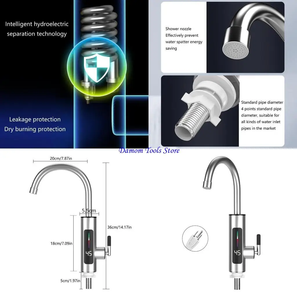 

57BE Internal Heating Water Pipe Tap LED Display Steel Electric Water Faucet Temperature Display Electric Water Tap set