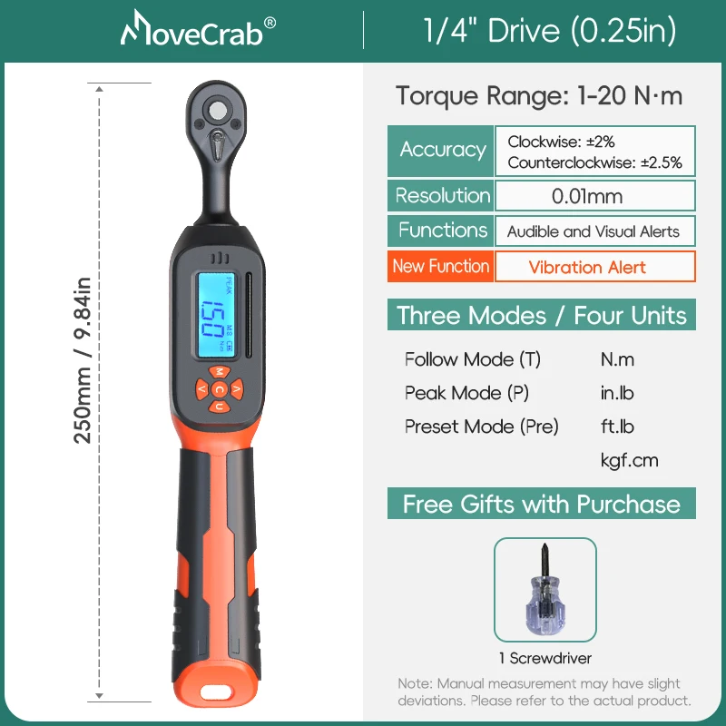 MOVECRAB Serie Digitale Momentsleutel 1,5-340N.m 2% Nauwkeurigheid Voorgeprogrammeerde Waarden met Zoemer, LED-flits & Trillingsmelding op de handgreep