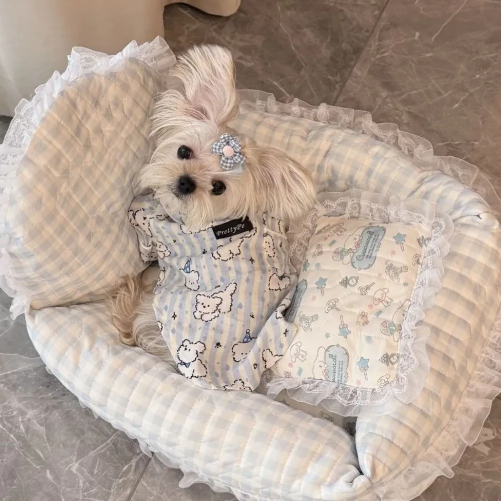 New Cute Puppy Pattern Dog Sleepwear Breathable Anti-Hair Loss Pet Home Clothes Blue Pink Short Sleeve Wear Indoor Wear - view 3