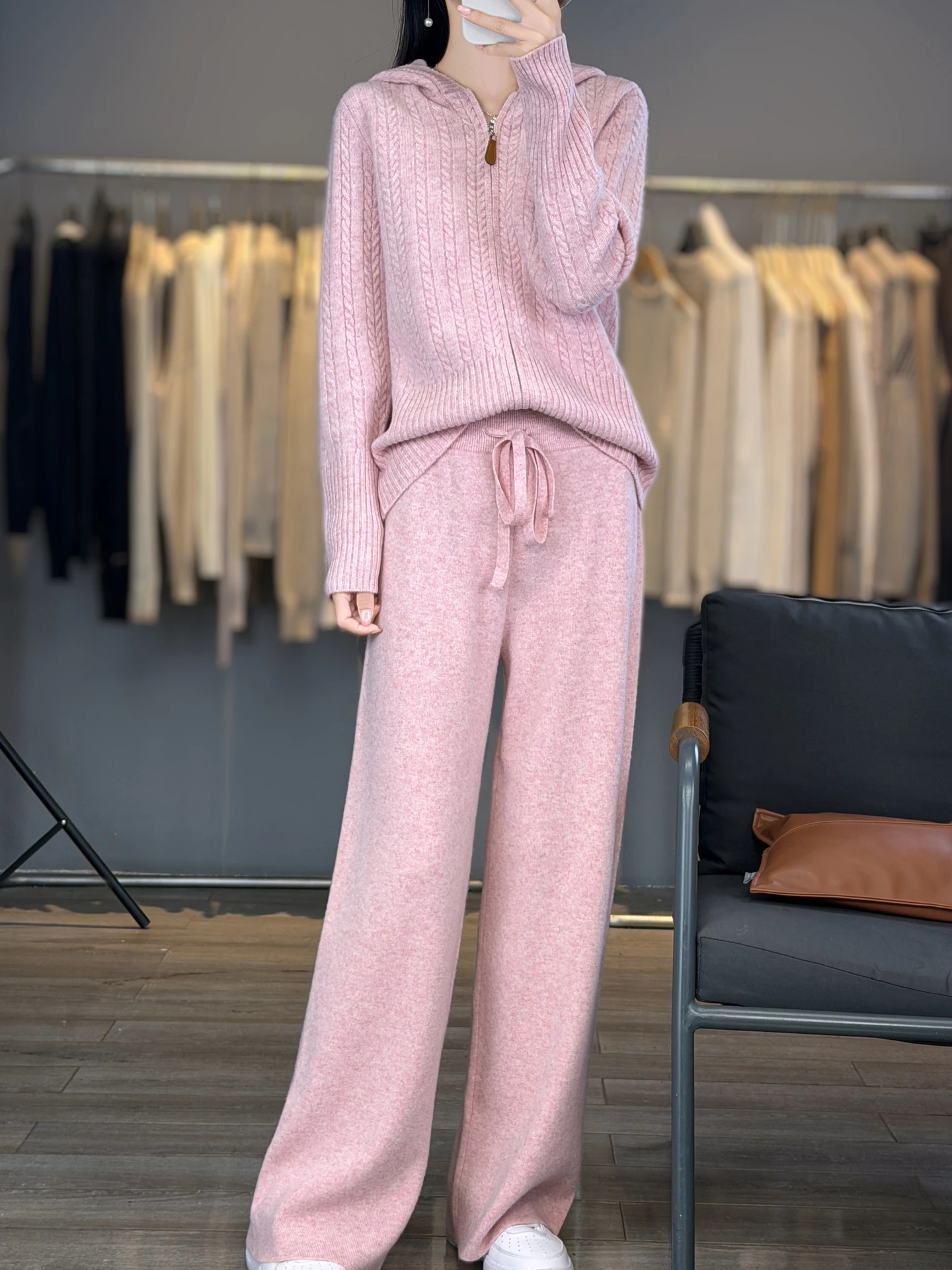 100% Merino Wool Women's Hooded Zip-up Cardigan Cable Knit Set Autumn and Winter Casual Fashion Light Luxury Cashmere