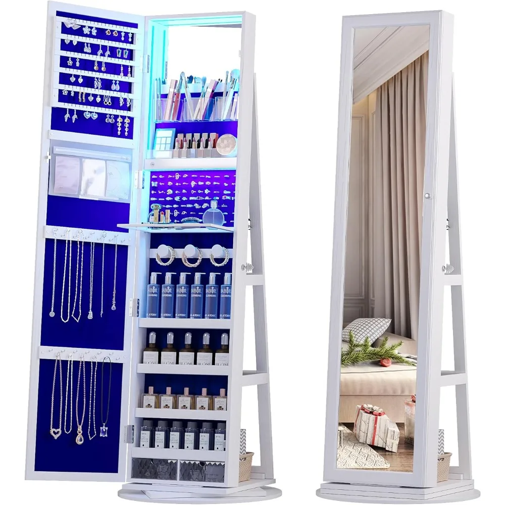 

360° Rotating Full Length Mirror Jewelry Armoire, 63” Large Capacity Jewelry Organizer Armoire, Lockable Jewelry Mirror Cabinet