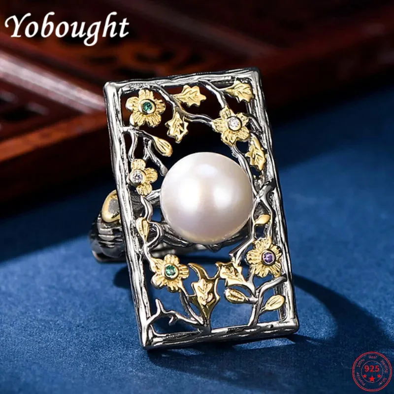 

S925 sterling silver rings for Women New Fashion freshwater pearl vintage ethnic style hollow square window-flower jewelry