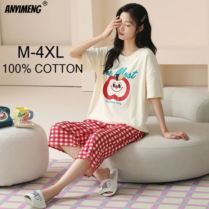 100% Cotton M-4XL Women Pajamas Set Summer Sleepwear Short Sleeve Knee-length Pants Nightwear Capris Loungewear Cartoon Pijama