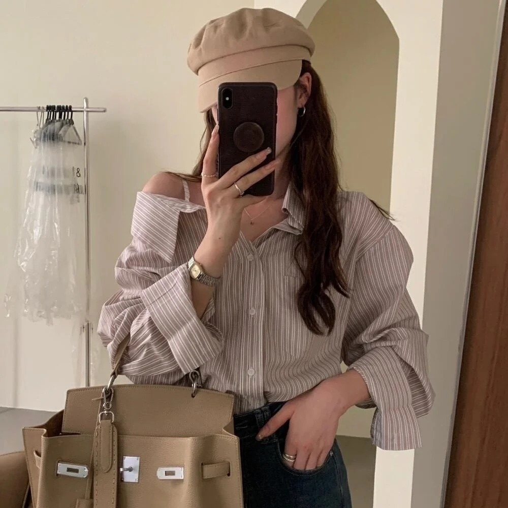 Diseño elegante primavera principios de mujer irt oulder Bared largo Sve rayas corte suelto Casual versátil Sle abotonada Ne
