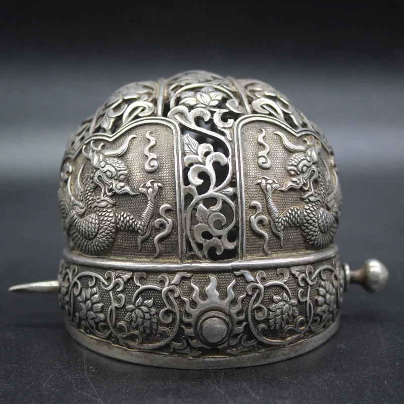 Chinese White Copper Handmade Exquisite Carving Flowers Ming Dynasty Double Dragon Crown Headgear Official Hat