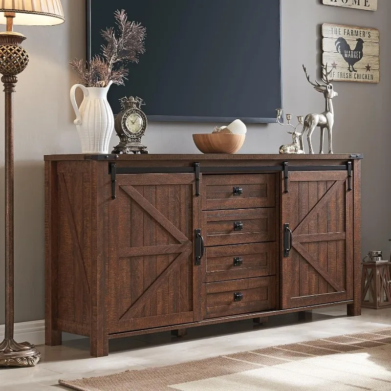 60'' Farmhouse Dresser Chests for Bedroom w/4 Drawers & Sliding Barn Doors, Tall Chest of Drawers, Rustic Dresser TV Stand