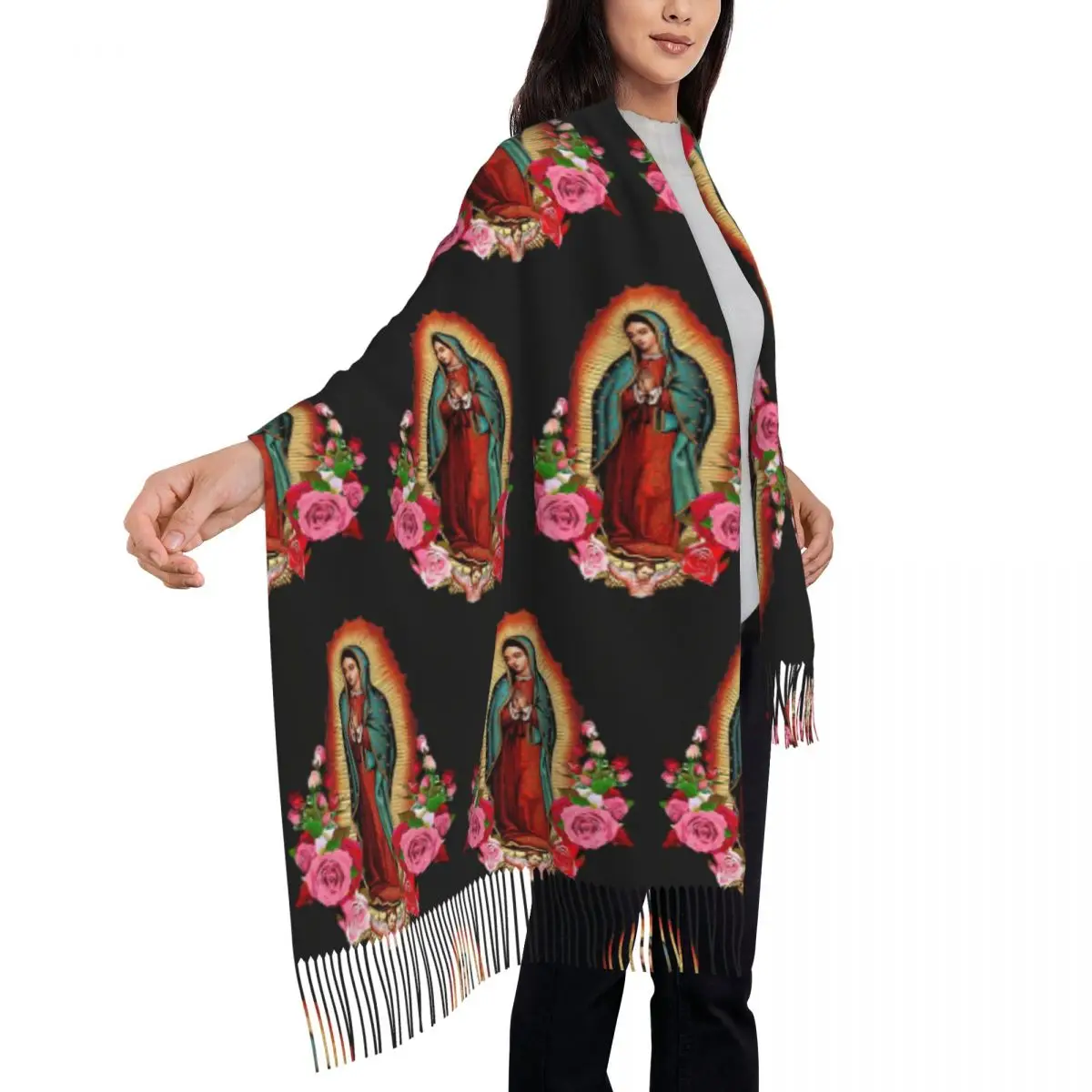 مريم العذراء غوادالوبي المكسيك الكاثوليكية القديس وشاح شرابة الأوشحة للنساء شالات دافئة ويلتف طويل الخريف الشتاء شال التفاف