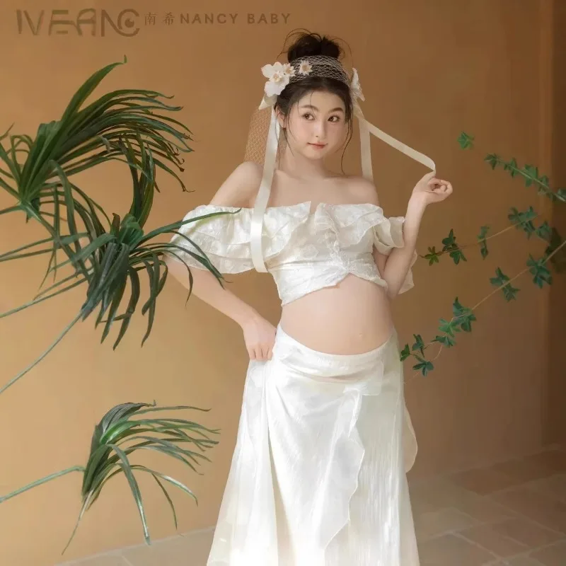 Women Maternity Dress Set for Photoshoot White Ruffles Tube Top with Skirt 2pcs Suit for Studio Photography Shooting Clothing