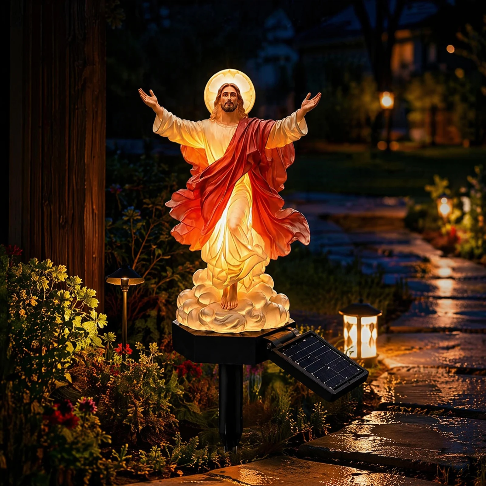 Solar-Powered Jesus Garden Statue with Glowing Night Lamp & Versatile Blessed Father Figure for Garden Patio Lawn Decoration view 4