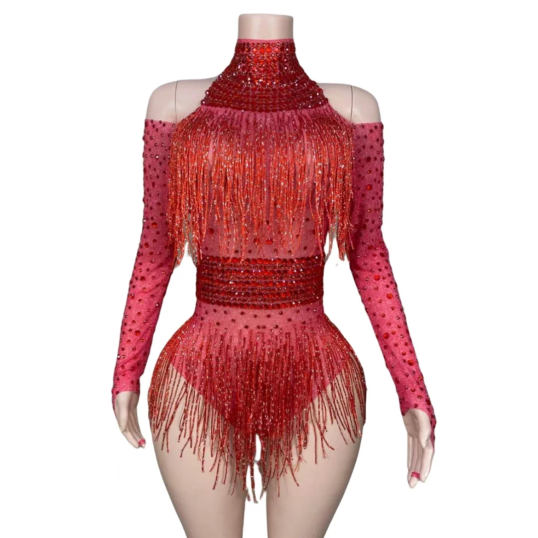 

Red Tassels Women Rhinestone Bodysuits Stretch Dance Leotard Costume Clubwear Carnival Rave Festival Cheerleading Stage Wear