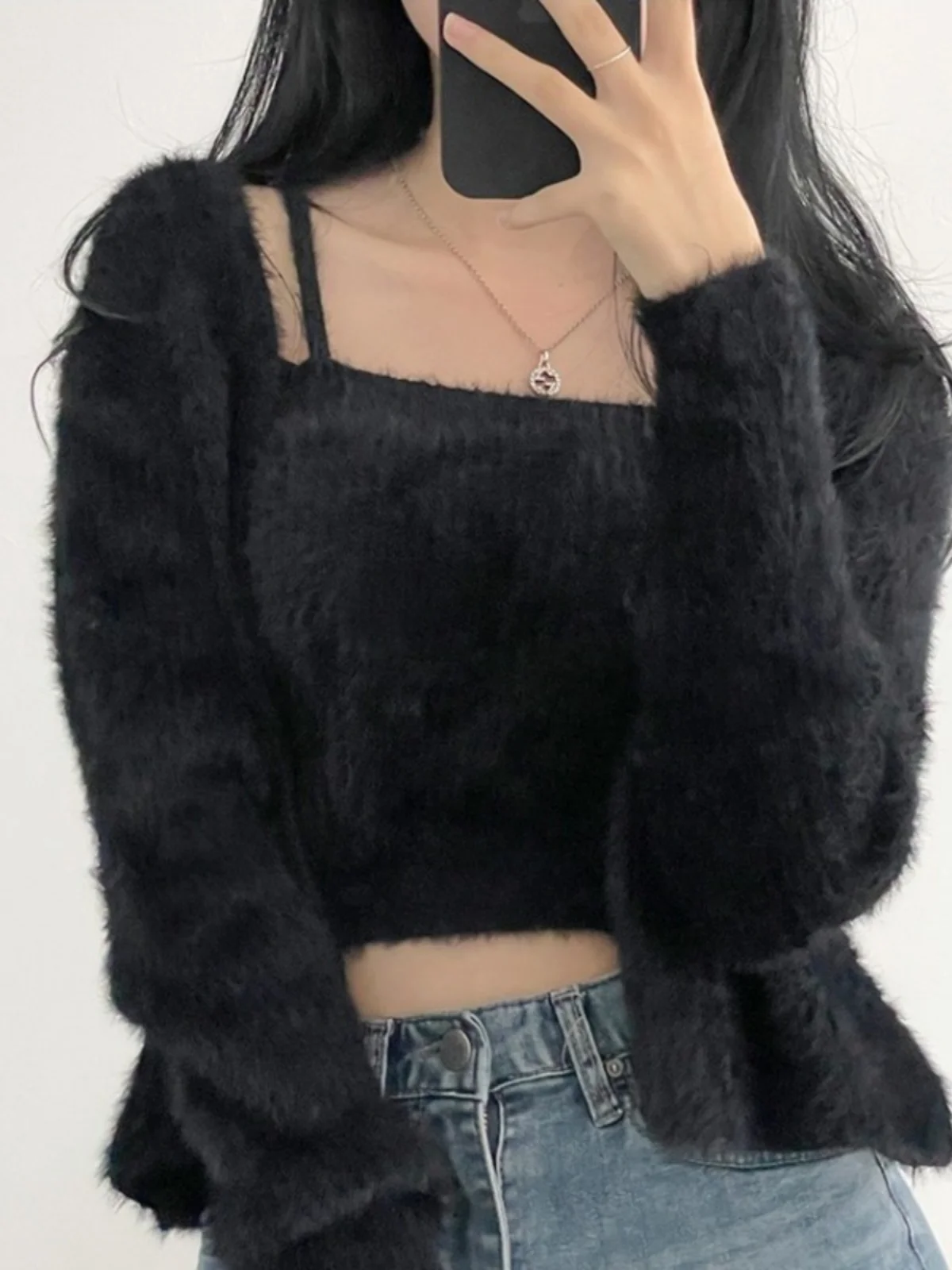 

Soft Mink Fur Knitted Cardigan Women's Spring Autumn Thin Gentle Style Two-Piece Set Short Sleeve Long Sleeve Slim Fit Sweater