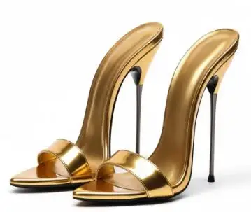 

Sexy Women Black Patent Leather Metal Stiletto Mules Pointed Open Toe 13 16 CM Thin Heels Modern Slippers Size 46 Drop Shipping