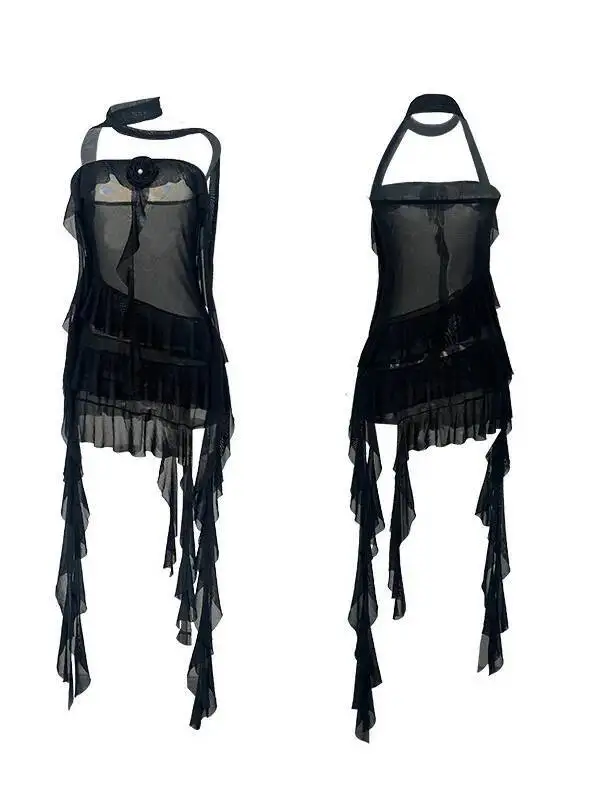 Camisón Sexy con cuello Halter y cinta de malla, negro, rojo, blanco, Multicolor, transparente, ajustado, ropa de casa para mujer, vestido transparente con encanto TQYP