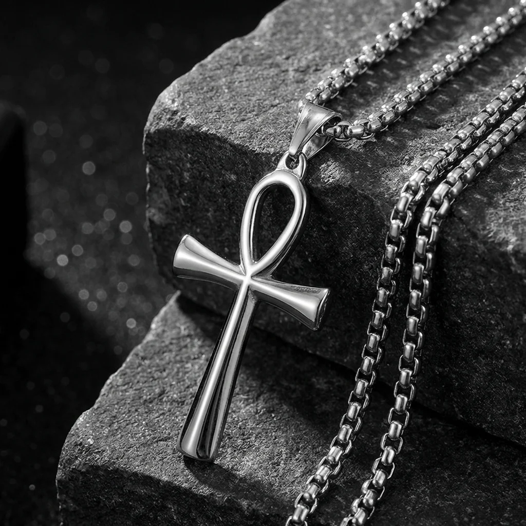 Neue ägyptische Ankh-Halskette für Herren, Kreuzanhänger, Edelstahl-Boxkette, Damenmode, Party-Schmuck, Accessoires – Detail 6