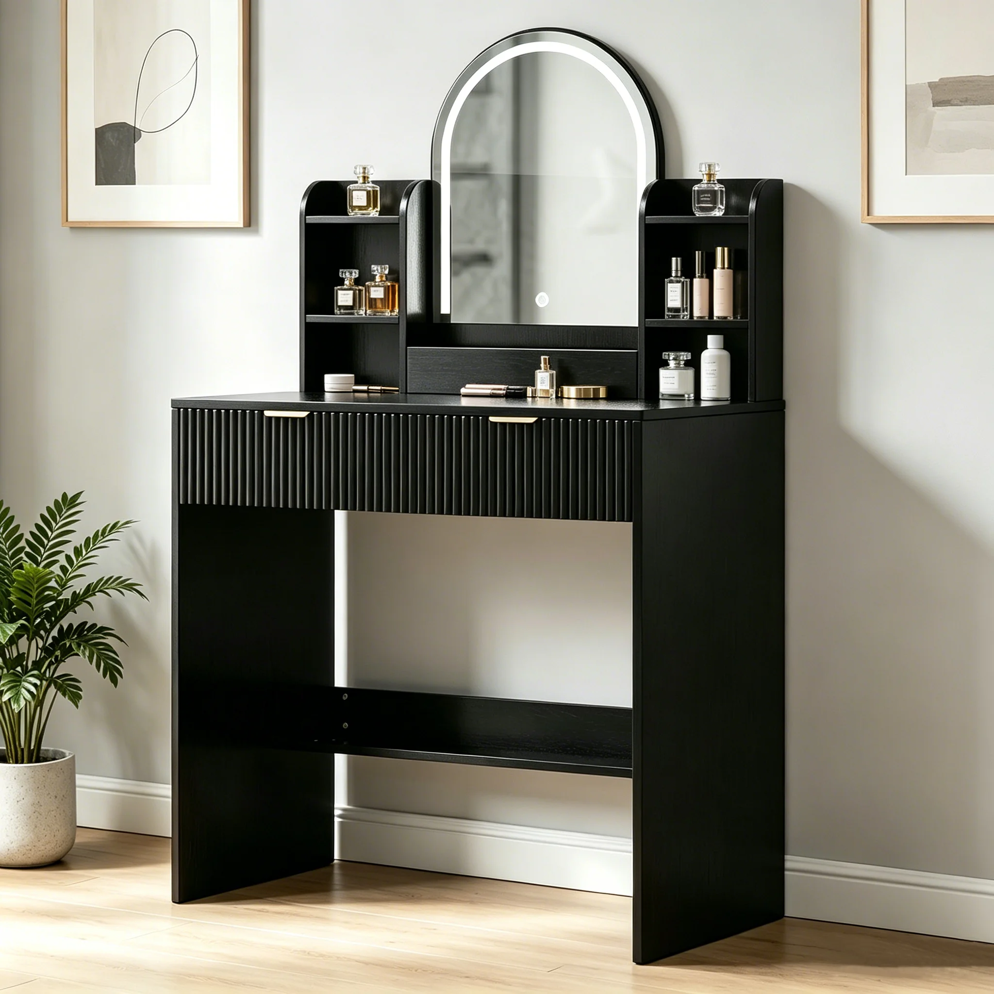Fluted Makeup Vanity Desk with Arched LED Light Mirror and Adjustable Shelves, Dressing Table with Open Lower Shelves for Bedroom