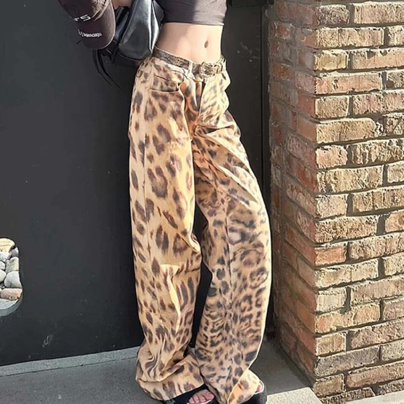 

Retro Washed Leopard Print Jeans Female 2025 Summer Thin Y2k Spice Girls Low Waist Mop Pants