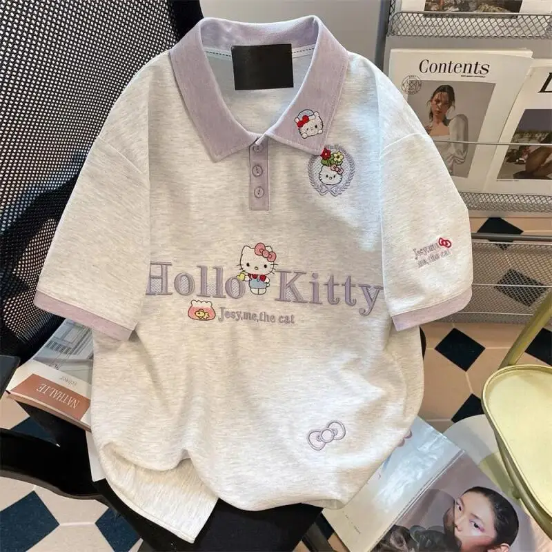 

Вышитые топы Hello Kitty с цветными вставками и пэчворком для девочек, летняя милая футболка с коротким рукавом для учениц средней школы