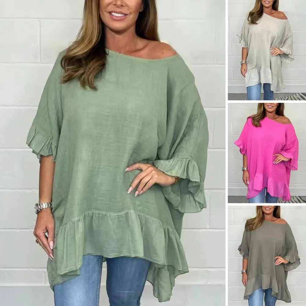 Camisa de verano para mujer, blusa holgada de manga 3/4 con cuello inclinado, costura de volantes, dobladillo Irregular, Color sólido, uso diario, 1 unidad