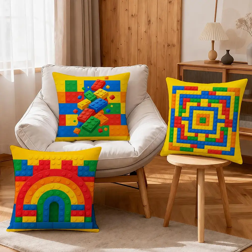 Art Color Building Block Geometric Pattern Cushion Cover Linen Anti-Mite Antibacterial Cushion Cover Invisible Zipper Sofa Decor