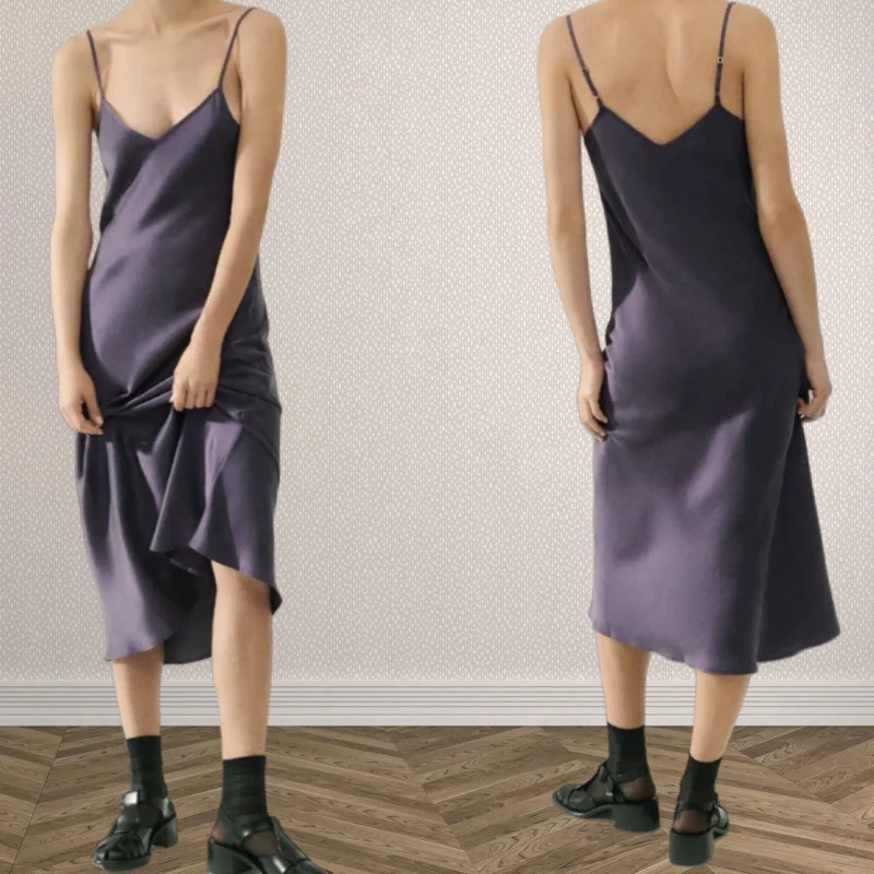 Australian Niche 20mm 100% Mulberry Silk Dress Purple Midi Dresses Slim V-neck Summer Sundress Sand Washed Silk Slip Dresses