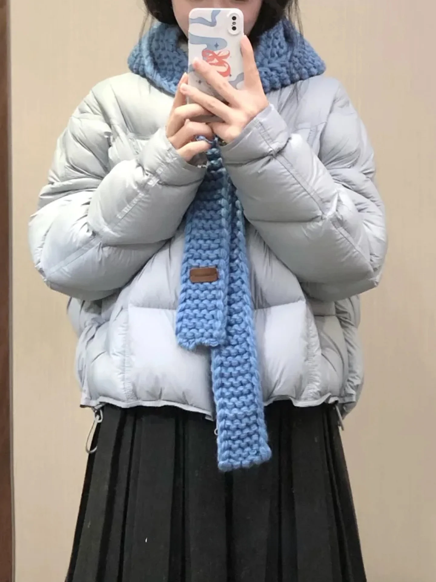 ブルーのニット帽スカーフ一体型アウター暖かいネックウォーマーシンプル多用途冬ファッション韓国風ロング長方形スカーフ