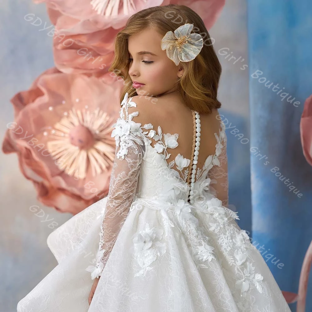 Aangepaste bloemenmeisje jurk voor bruiloft kinderen volledige mouw ruches heilige communie optocht jurk kralen kant verjaardagsfeestje jurk