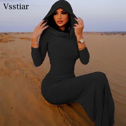 Vsstiar Full Sleeve Hooded Women Dress Black Solid Color Bodycon Maxi Vestidos Elegant Fashion Split Ladies Casual Outfits