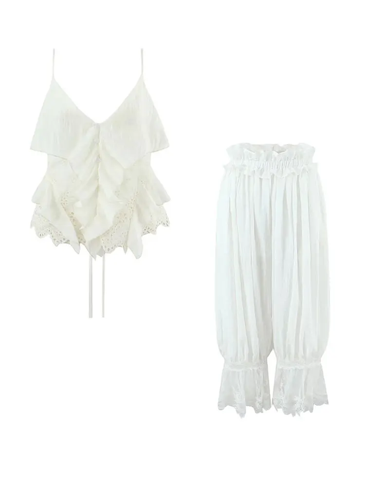 Ensemble TFAFXY Sexy Chic pour Femme, Haut sans Manches à Col Halter Uni à Boutonnage Simple avec Décoration en Dentelle, Pantalon, Nouvelle Mode Été 2026