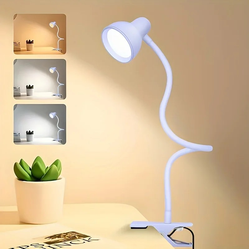 

Маленькая настольная лампа с зажимом для чтения для кровати, 3 цвета, 10 яркости, регулируемая яркость, гибкая клипса на гибкой стойке для изголовья кровати